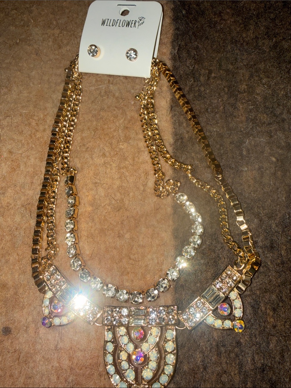 Wildflowers Gold-tone Layered Necklace with Clear and Iridescent Stones
